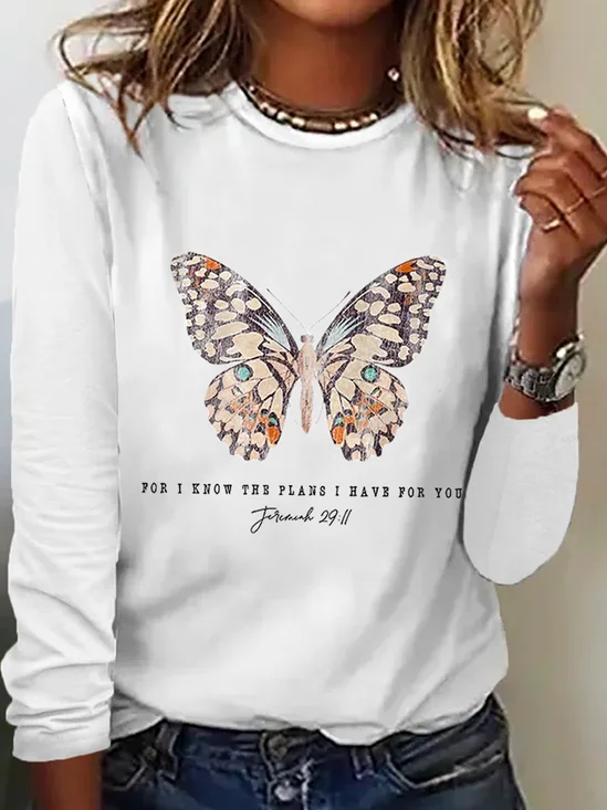 Women's Casual Jeremiah 29 11 For I Know the Plans I Have For You Print Cotton-Blend Crew Neck Butterfly Long Sleeve Shirt