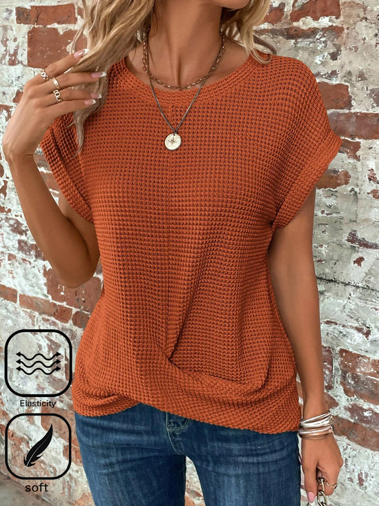 Crew Neck Cross Hem Casual Plain Loose T-Shirt