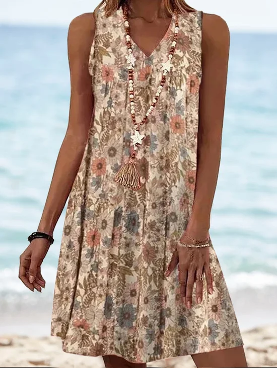 Casual Loose Floral V Neck Dress