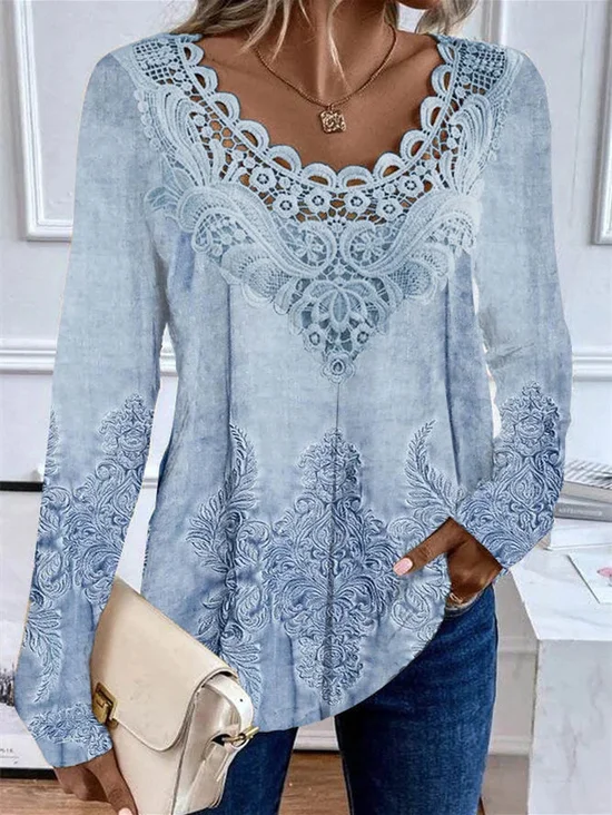 Lace Casual Abstract Printed Shirt