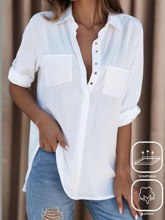 Plain Cotton Casual Shirt Collar Blouse