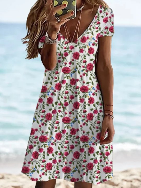 Plus size V Neck Floral Casual Dress With No