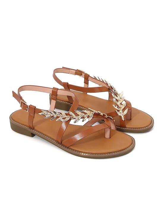 Metal Leaf Decor Vacation Thong Sandals