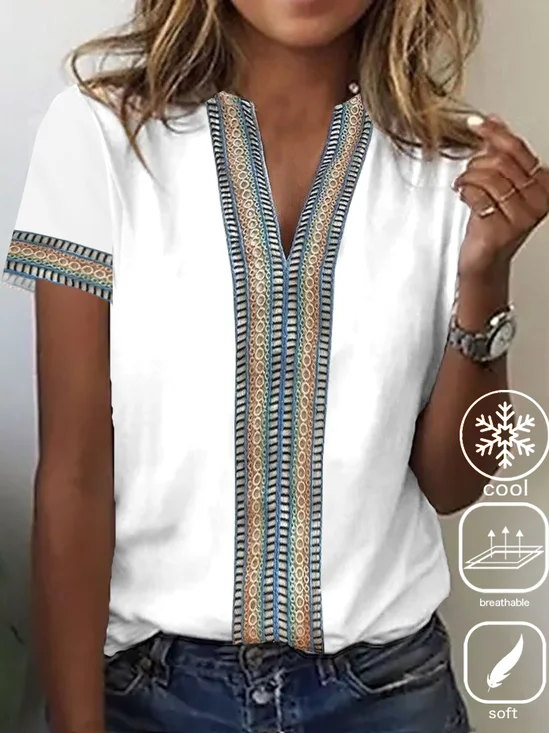 Plain Casual V Neck Lace Edge T-Shirt