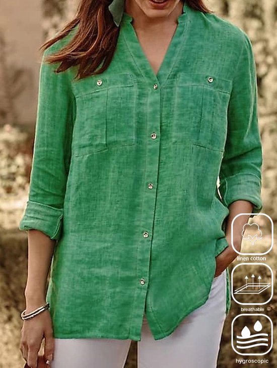Loose Casual Cotton And Linen V Neck Blouse