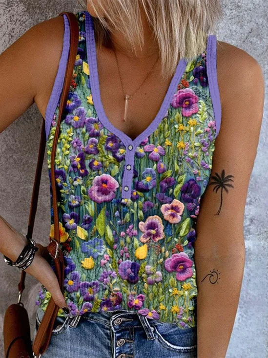 Casual Floral Buckle Loose Tank Top