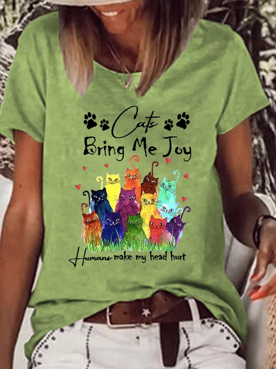 Funny Cat Cotton-Blend Loose Casual Text Letters T-Shirt