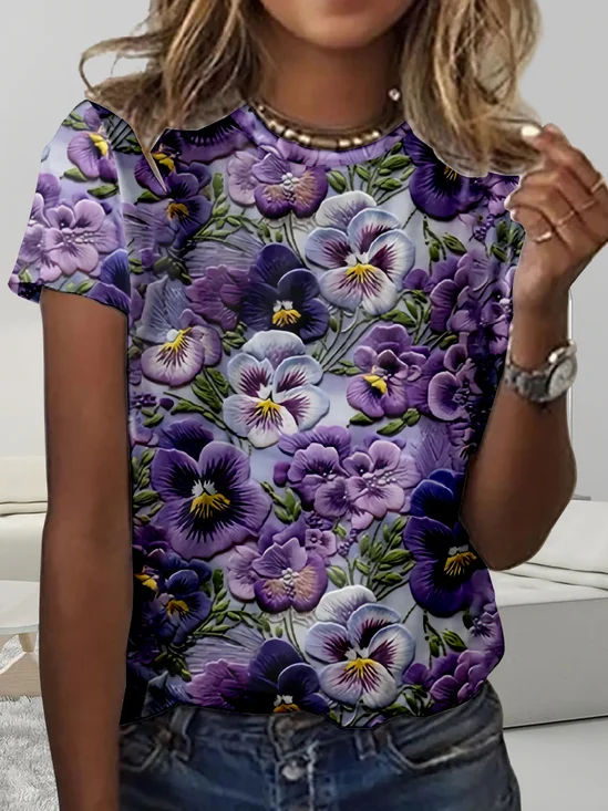 Simple Floral Crew Neck Regular Fit T-Shirt