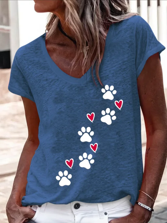 Heart Dog V Neck Regular Fit Cotton-Blend Casual T-Shirt