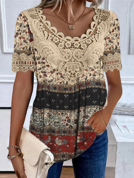 Lace Nationality/Ethnic Crew Neck Casual Shirt