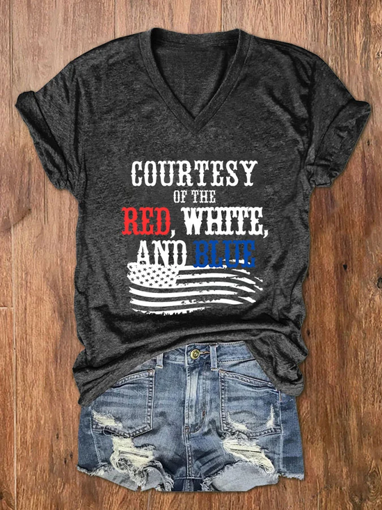 Women's Courtesy Of The Red White And Blue V Neck Casual Flag Cotton-Blend T-Shirt