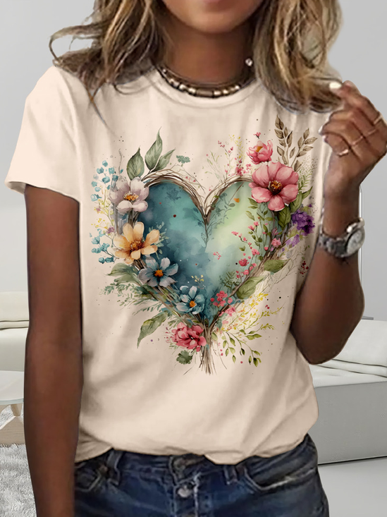 Casual Floral Heart Printed Crew Neck T-Shirt