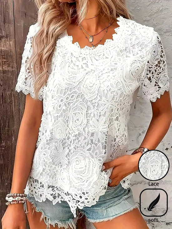 Lace Casual Crew Neck Loose Shirt