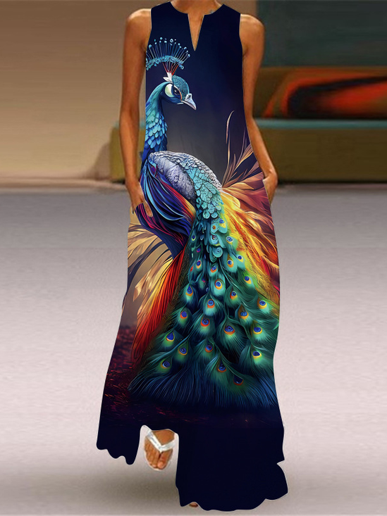 Peacock Loose Notched Casual Dress