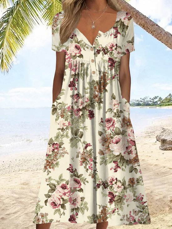 Loose Notched Floral Casual Dress With