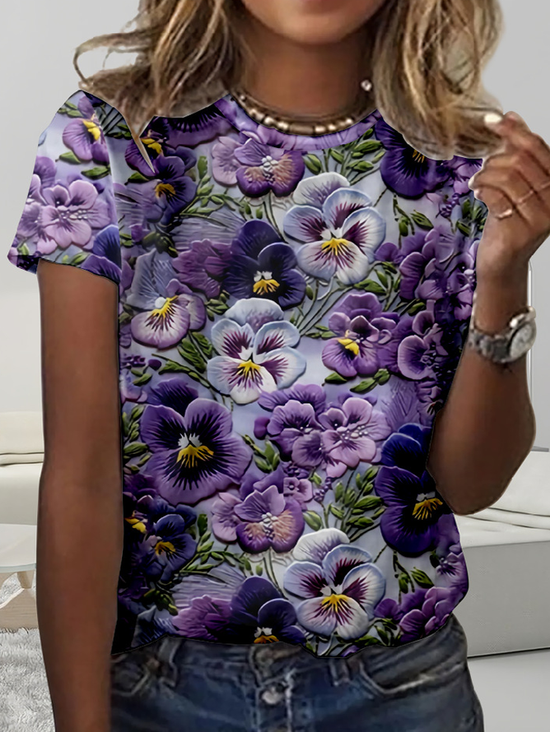 Plus Size Loose Casual Floral Crew Neck T-Shirt
