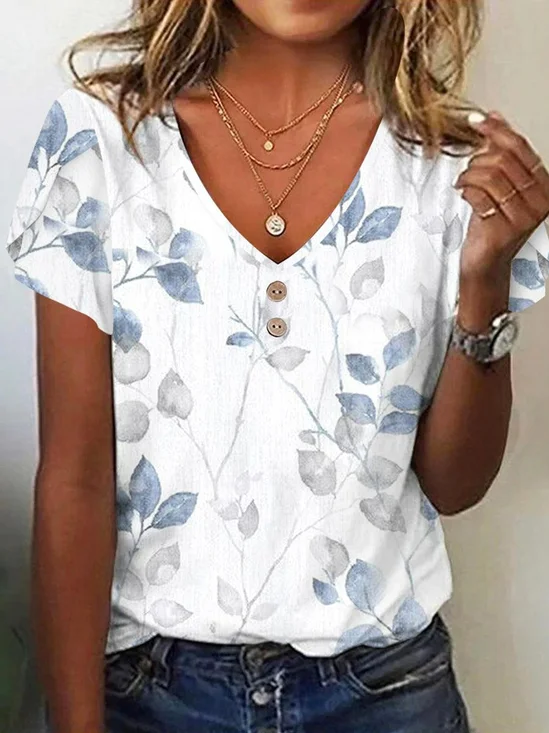 V Neck Casual Leaf Buckle T-Shirt