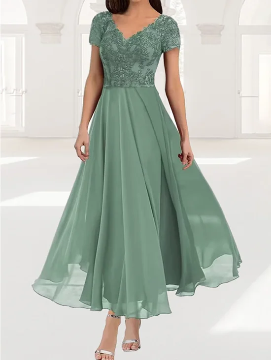 Women's Short Sleeve Summer Plain Lace V Neck Elegant Maxi X-Line Wedding Guest Mother of the Bride Formal Dress