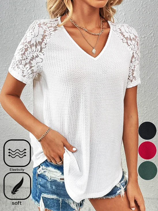 Loose Knitted Raglan Sleeve Casual Lace T-Shirt