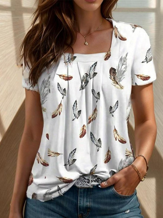 Loose Casual Feather Pattern T-Shirt