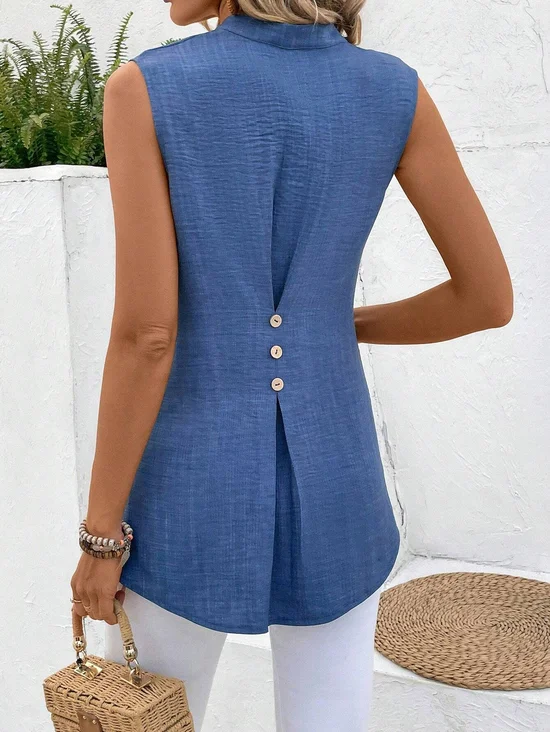 Buttoned Simple Sleeveless Regular Cotton and linen Shirts