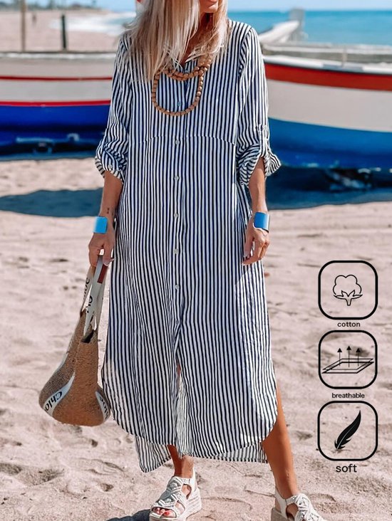Shirt Collar Loose Vacation Striped Dress
