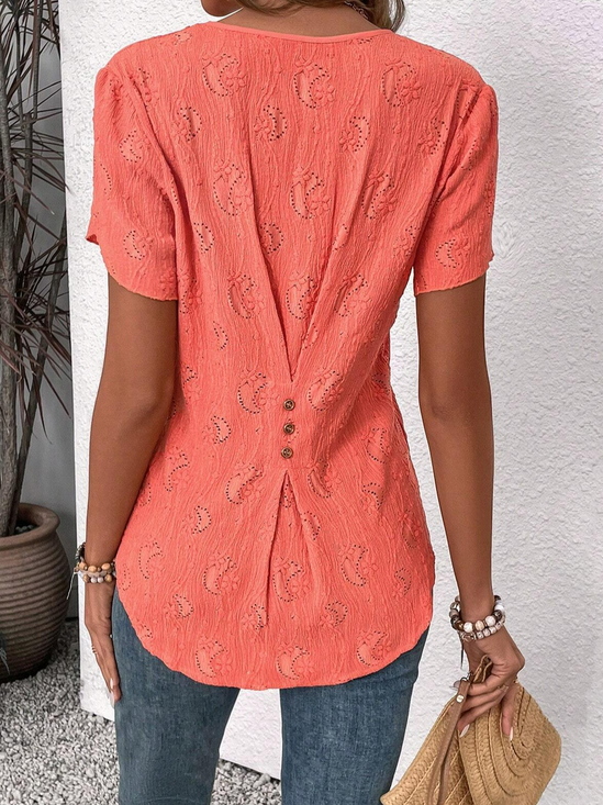 Women's Short Sleeve Blouse Summer Plain Buttoned Notched Neck Petal Sleeve Daily Going Out Simple Top