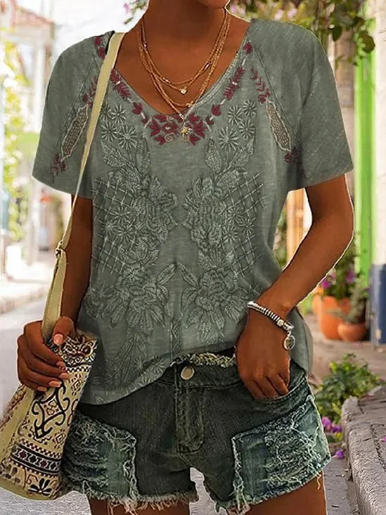 Ethnic V Neck Loose Casual T-Shirt