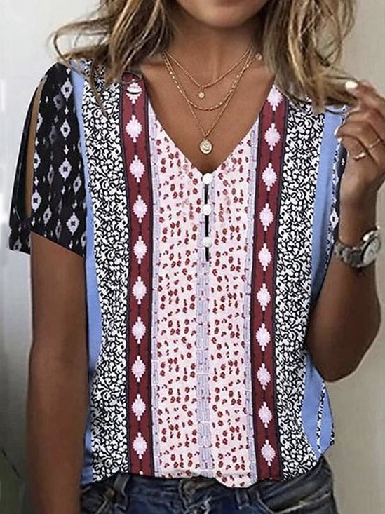 Casual Loose Buckle Ethnic T-Shirt