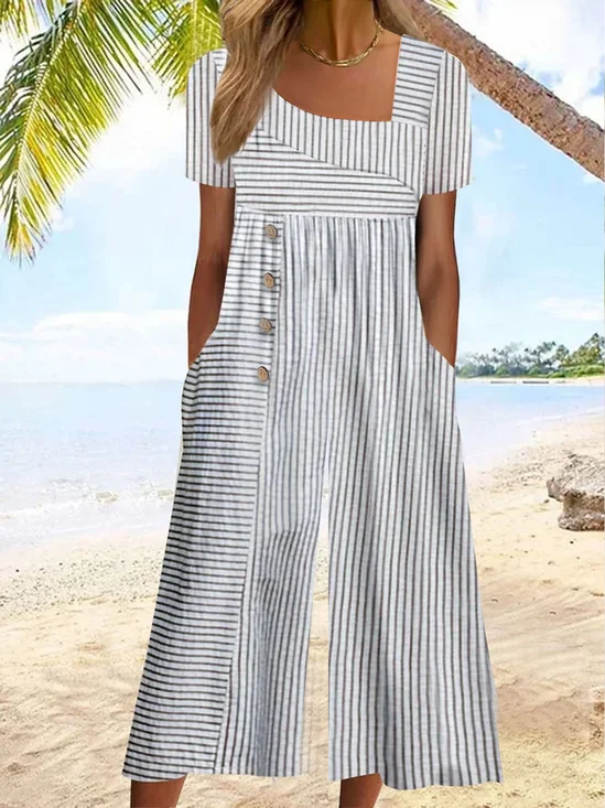 Striped Buckle Casual Jumpsuit