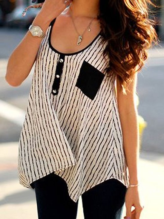Buckle Striped Crew Neck Casual Tank Top