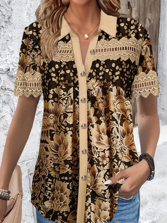 Casual Shirt Collar Loose Floral Blouse