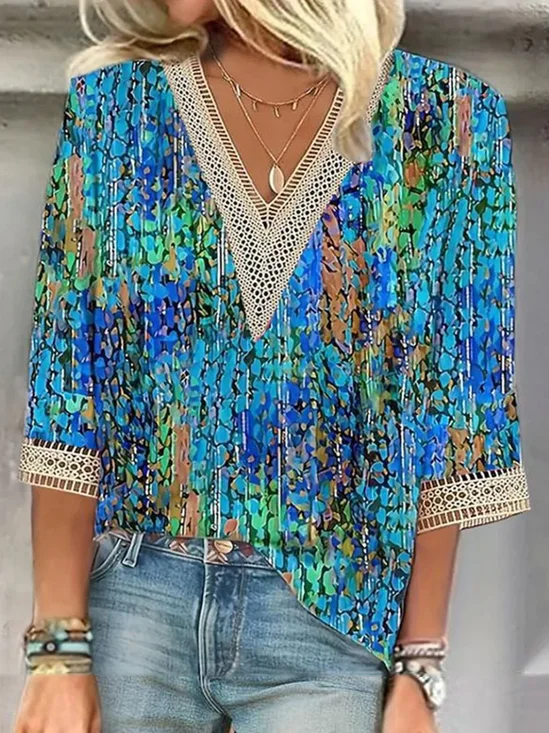 Casual V Neck Abstract Lace Edge Shirt