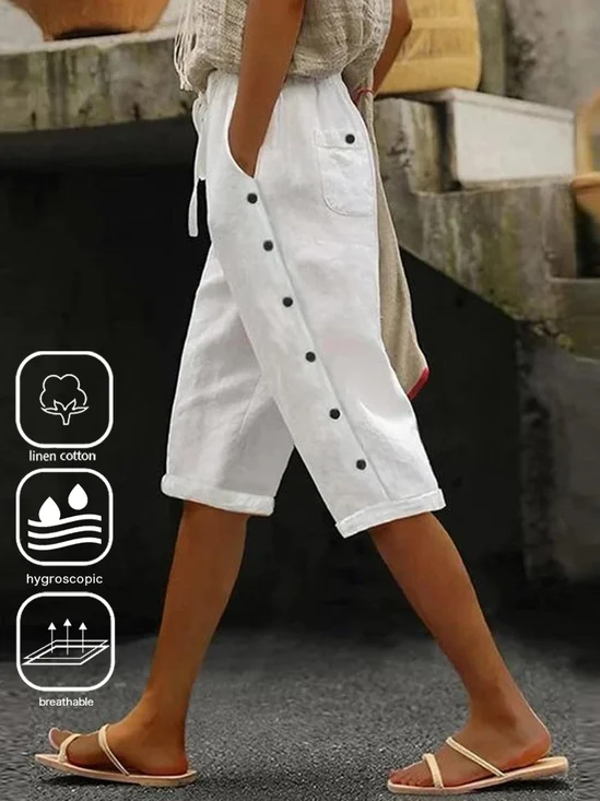 Casual Cotton And Linen Loose Pocket Capris Pants