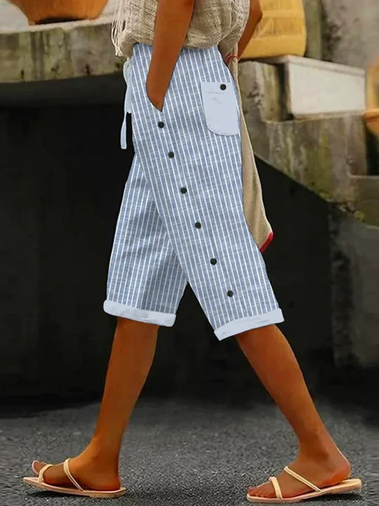Casual Cotton Striped Fifth Pants