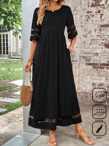 Plain Crew Neck Cotton Casual Dress With No
