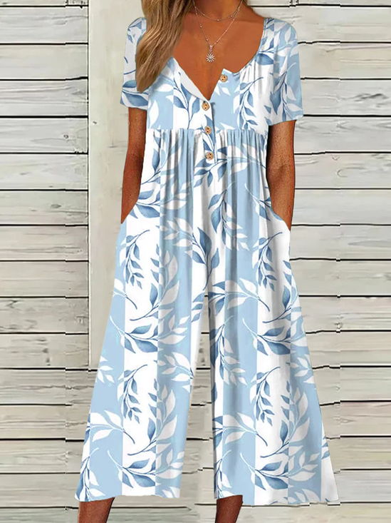 V Neck Cotton Casual Jumpsuit