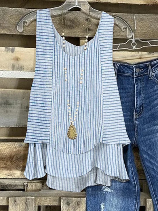 Women's Blue Striped Folds V Neck Daily Casual Top