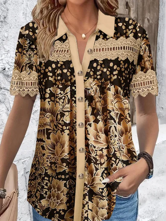 Plus Size Loose Floral Casual V Neck Blouse