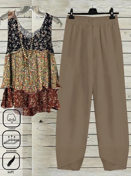 Crew Neck Casual Disty Floral Loose Two-Piece Set
