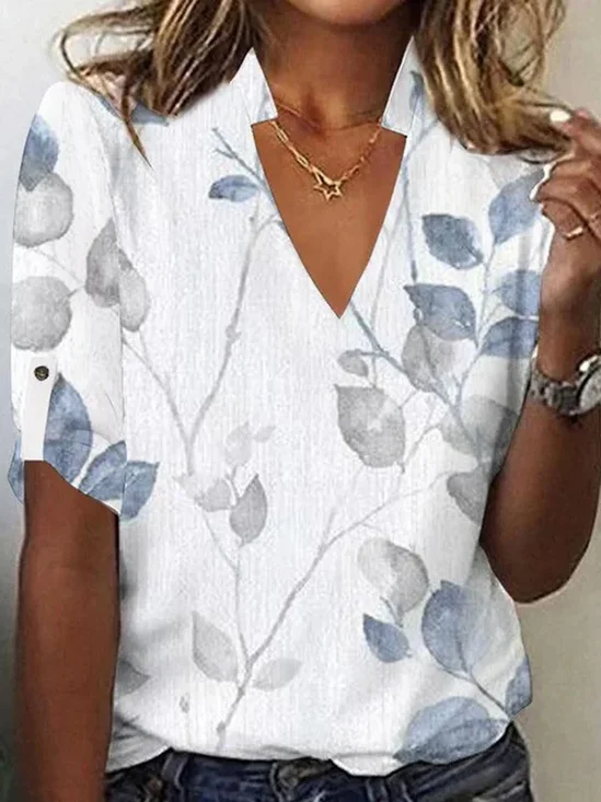 Leaf V Neck Casual T-Shirt