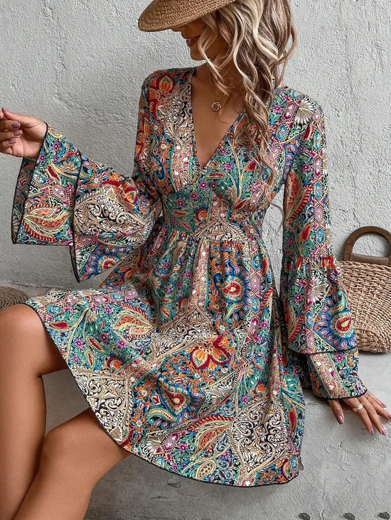 Loose Ethnic Casual V Neck Dress With No