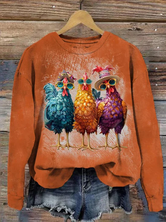 Women's Autumn Fun Rooster Retro Print Sweatshirt