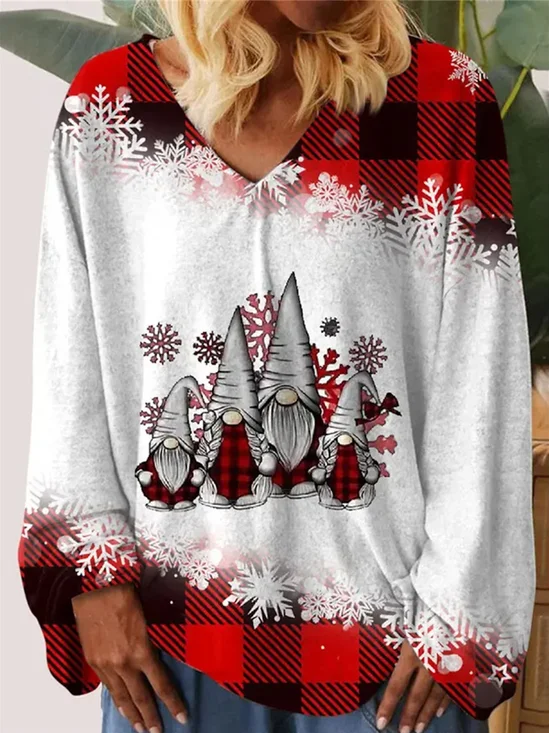 Women's Long Sleeve T-shirt Spring/Fall Red Christmas Snowman Jersey V Neck Daily Going Out Casual Top