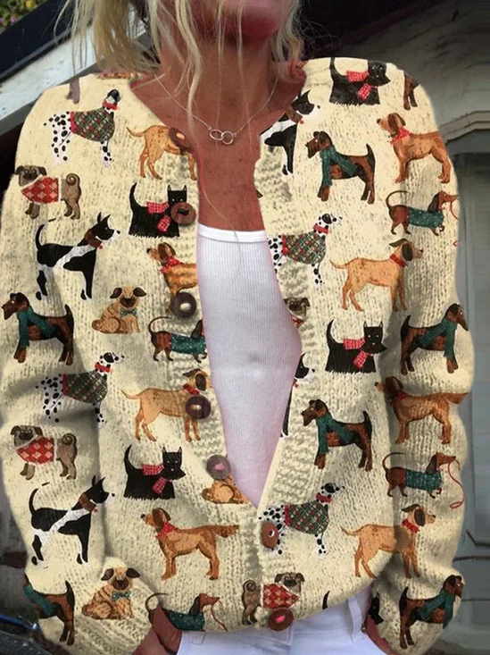 Cute puppy button round neck cardigan
