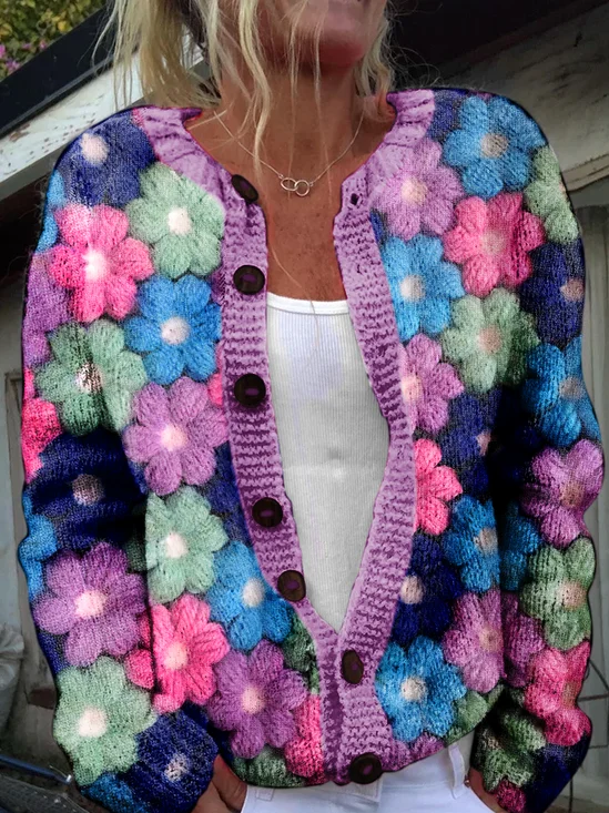 3D Printing Floral Knitted Crew Neck Casual Cardigan