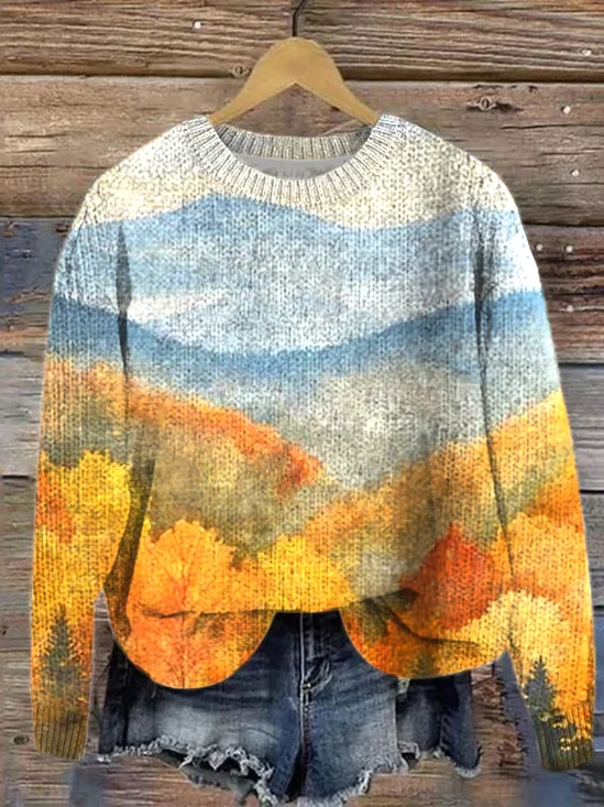 Knitted Landscape Painting Simple Sweater