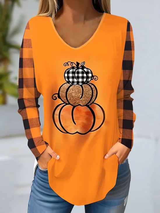 Halloween Pumpkin Grid V-neck Women's T-shirt