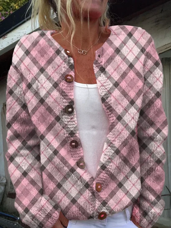 3D Printing Plaid Color Block Casual Crew Neck Cardigan