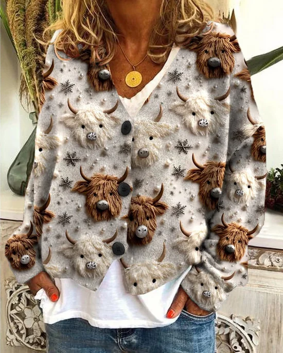 V Neck Knitted Casual Floral Cardigan
